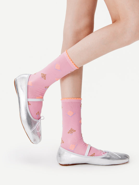 Ruffle-Trim Ethnic Brocade Crew Socks