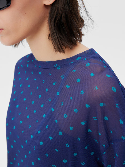 Printed Symbol & Polka Dot Mesh Top