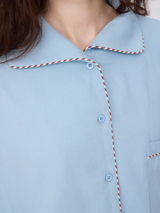 Solid-Color Twill-Striped Long-Sleeve Loungewear