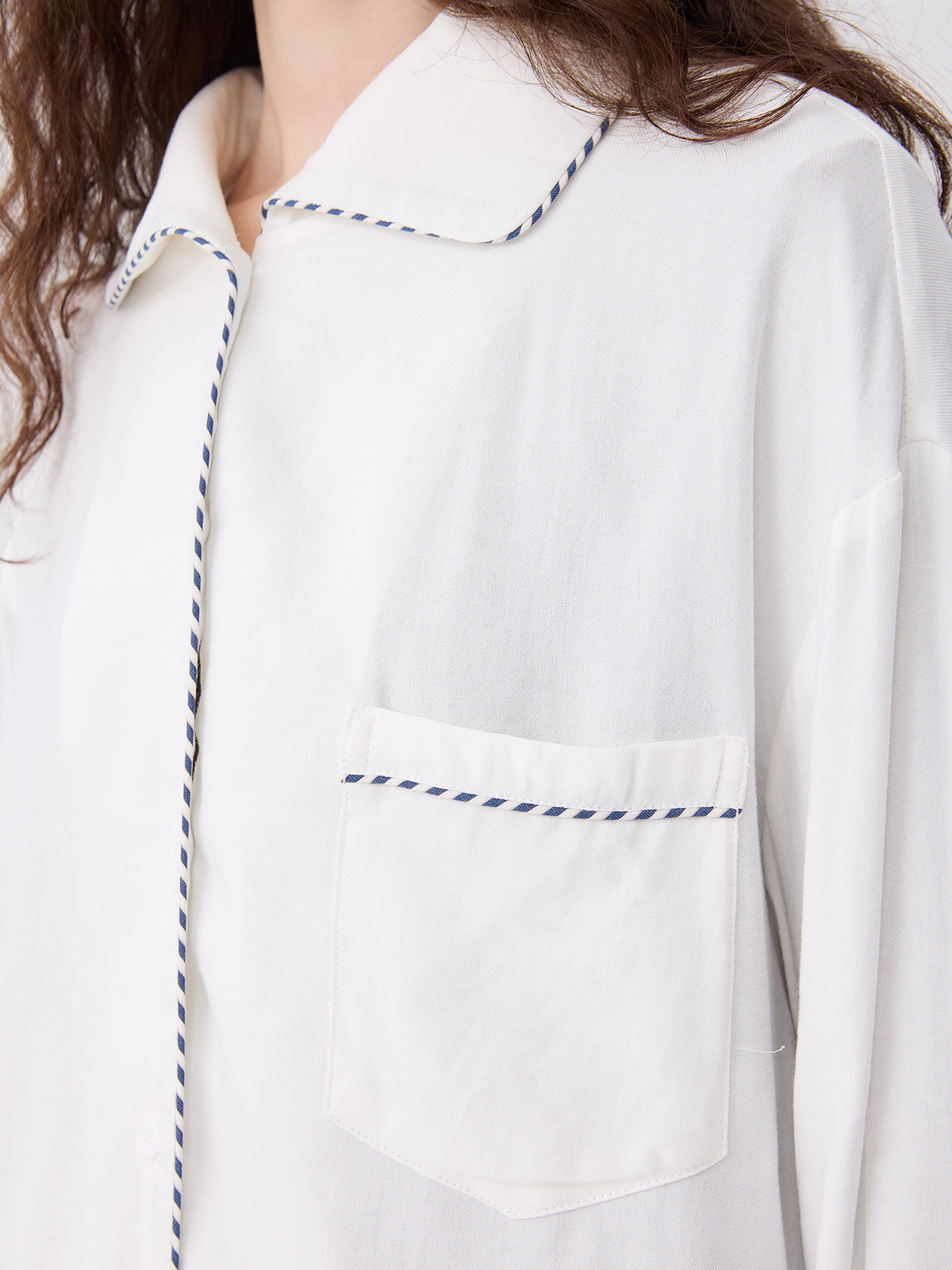 Solid-Color Twill-Striped Long-Sleeve Loungewear