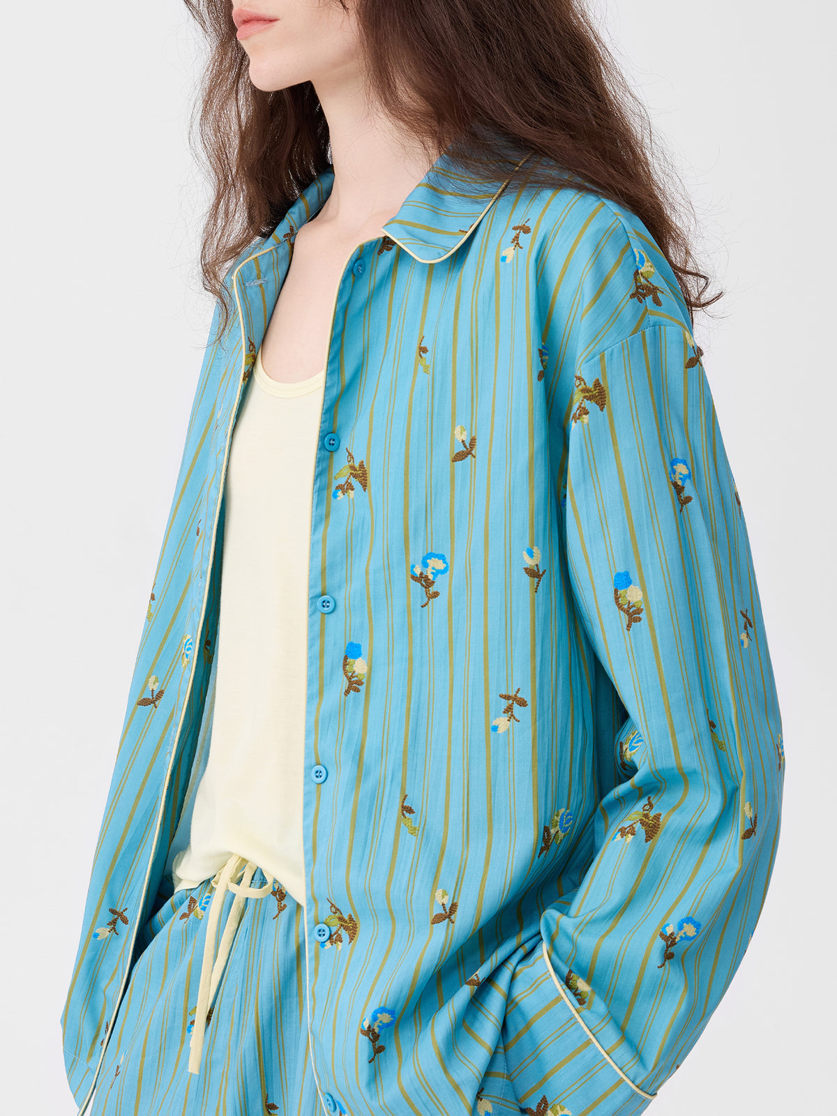 Retro Embroidered Floral-Striped Long-Sleeve Loungewear