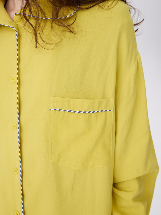 Solid-Color Twill-Striped Long-Sleeve Loungewear