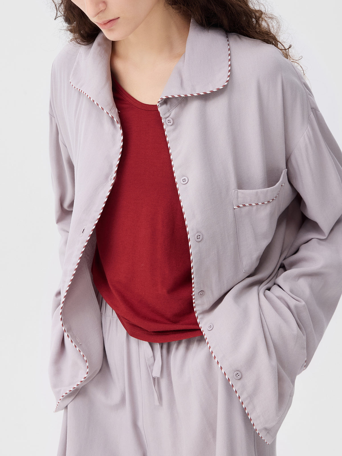 Solid-Color Twill-Striped Long-Sleeve Loungewear