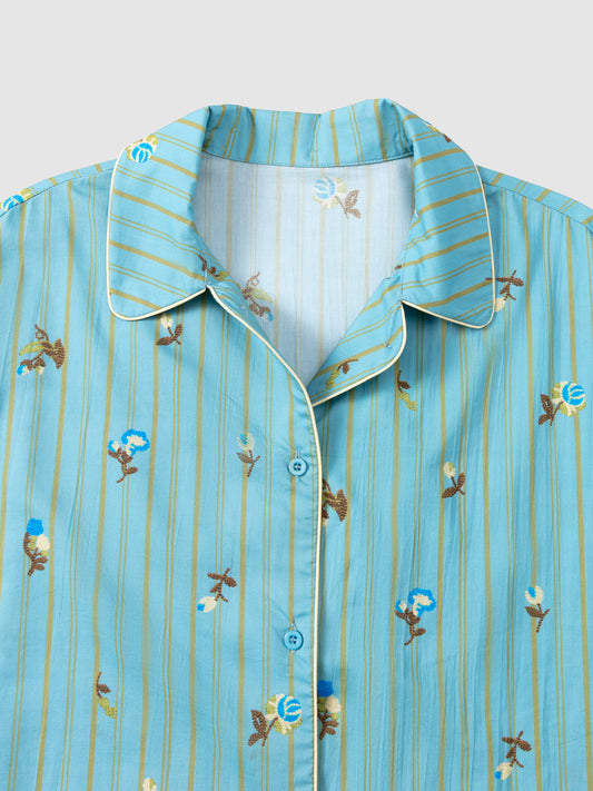 Retro Embroidered Floral-Striped Long-Sleeve Loungewear