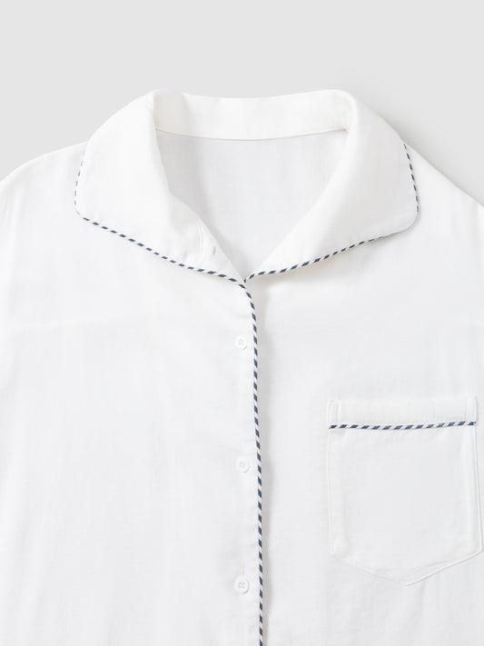 Solid-Color Twill-Striped Long-Sleeve Loungewear