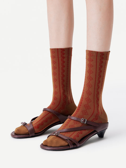 Brocade-Textured Double Cuff Crew Sock
