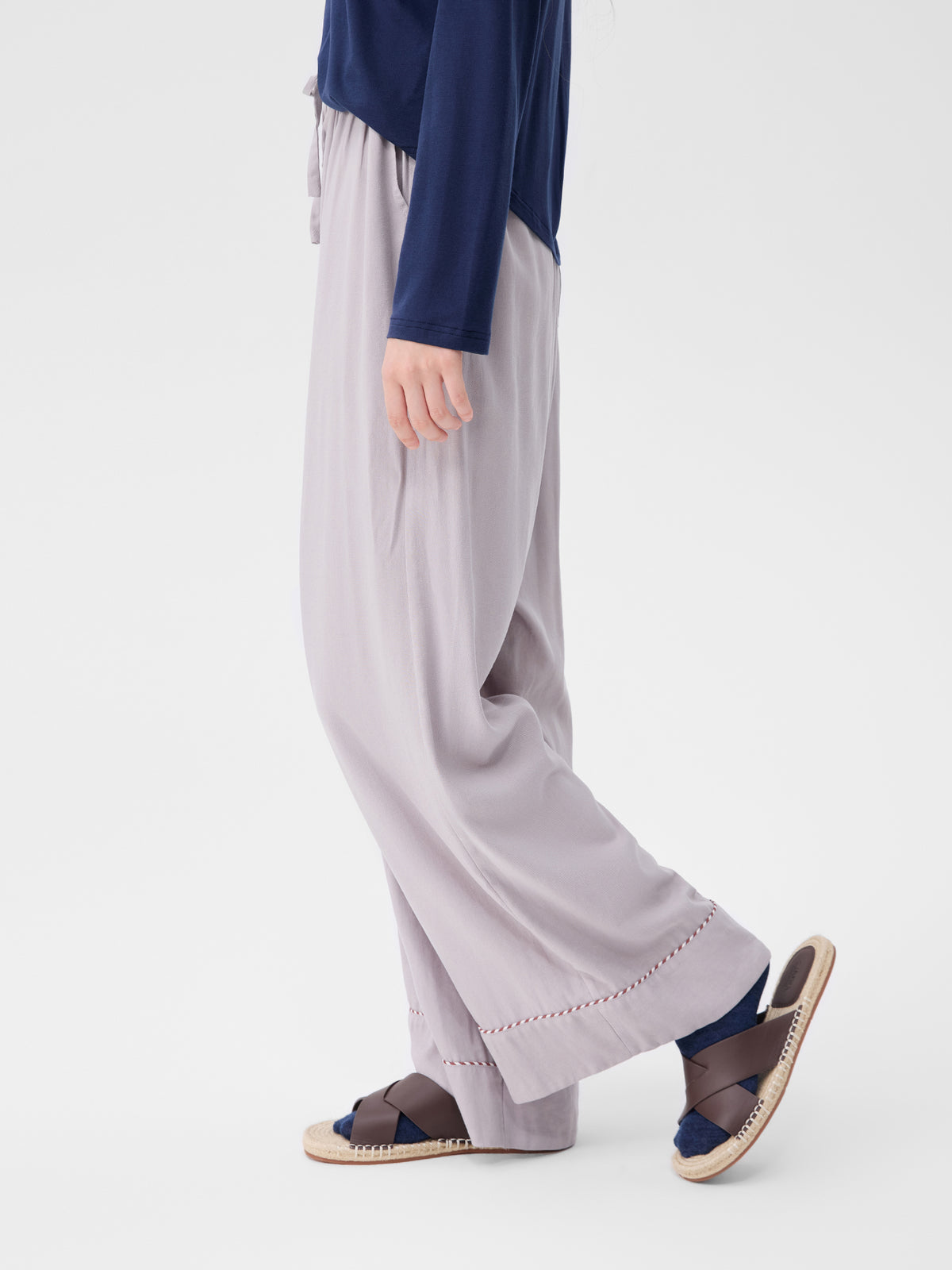 Solid-Color Twill-Striped Long-Sleeve Loungewear