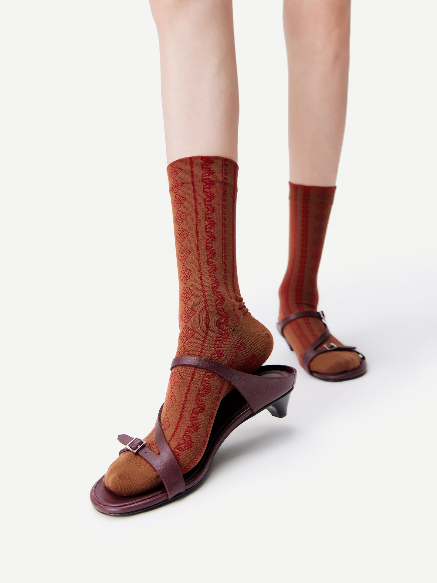 Brocade-Textured Double Cuff Crew Sock