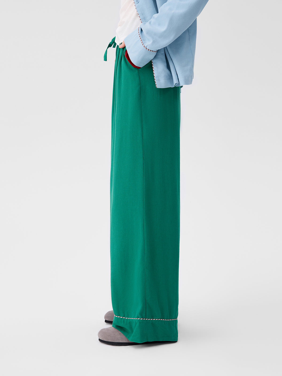 Solid-Color Twill-Striped Long-Sleeve Loungewear