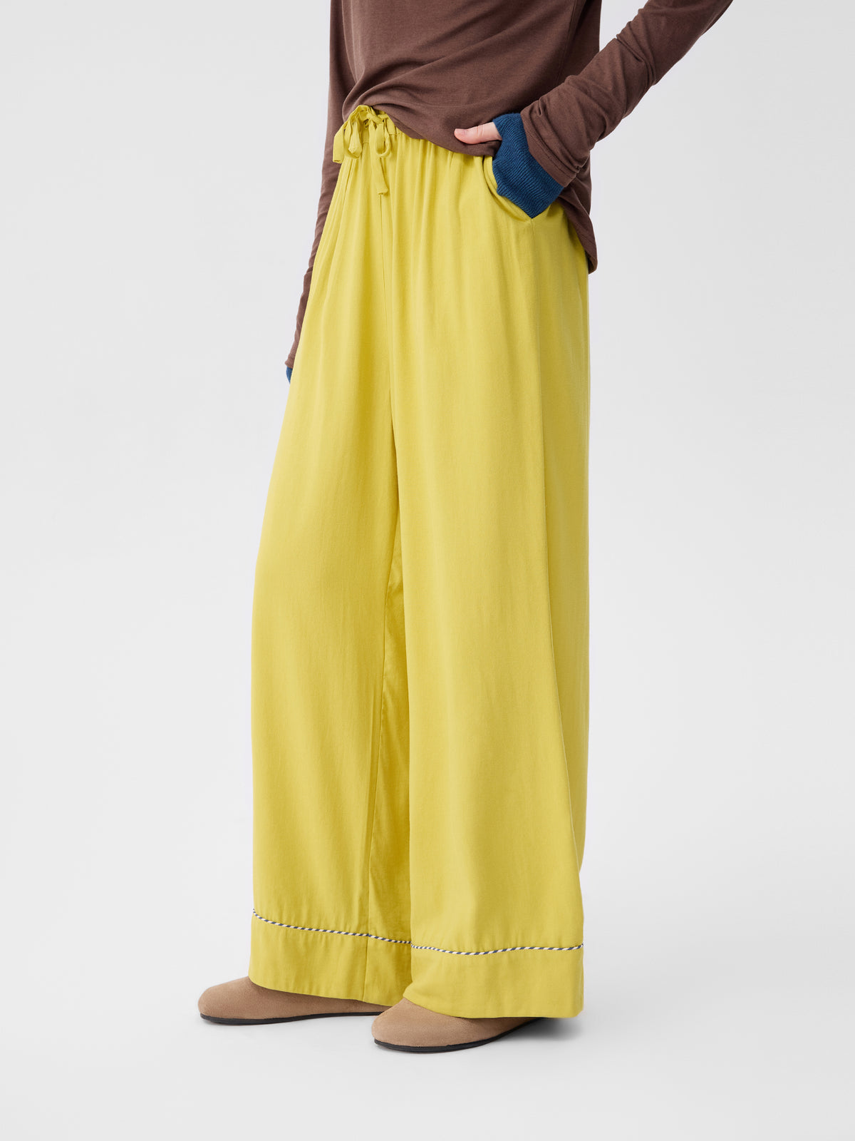 Solid-Color Twill-Striped Long-Sleeve Loungewear