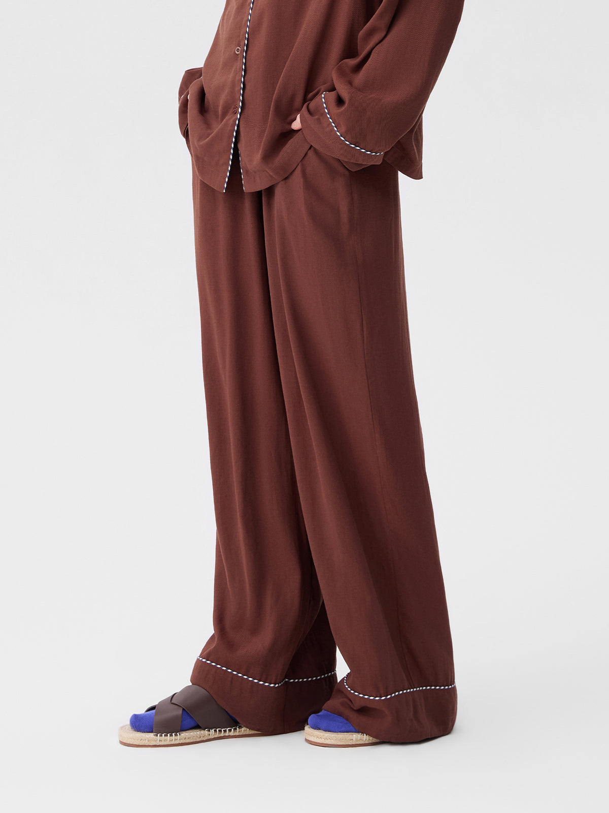 Solid-Color Twill-Striped Long-Sleeve Loungewear