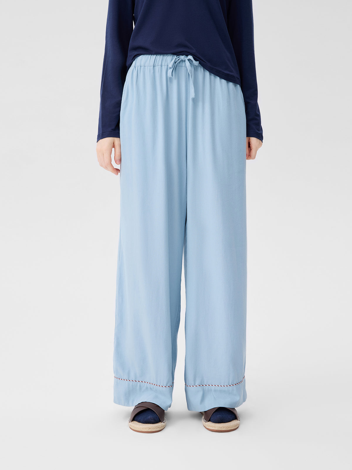 Solid-Color Twill-Striped Long-Sleeve Loungewear