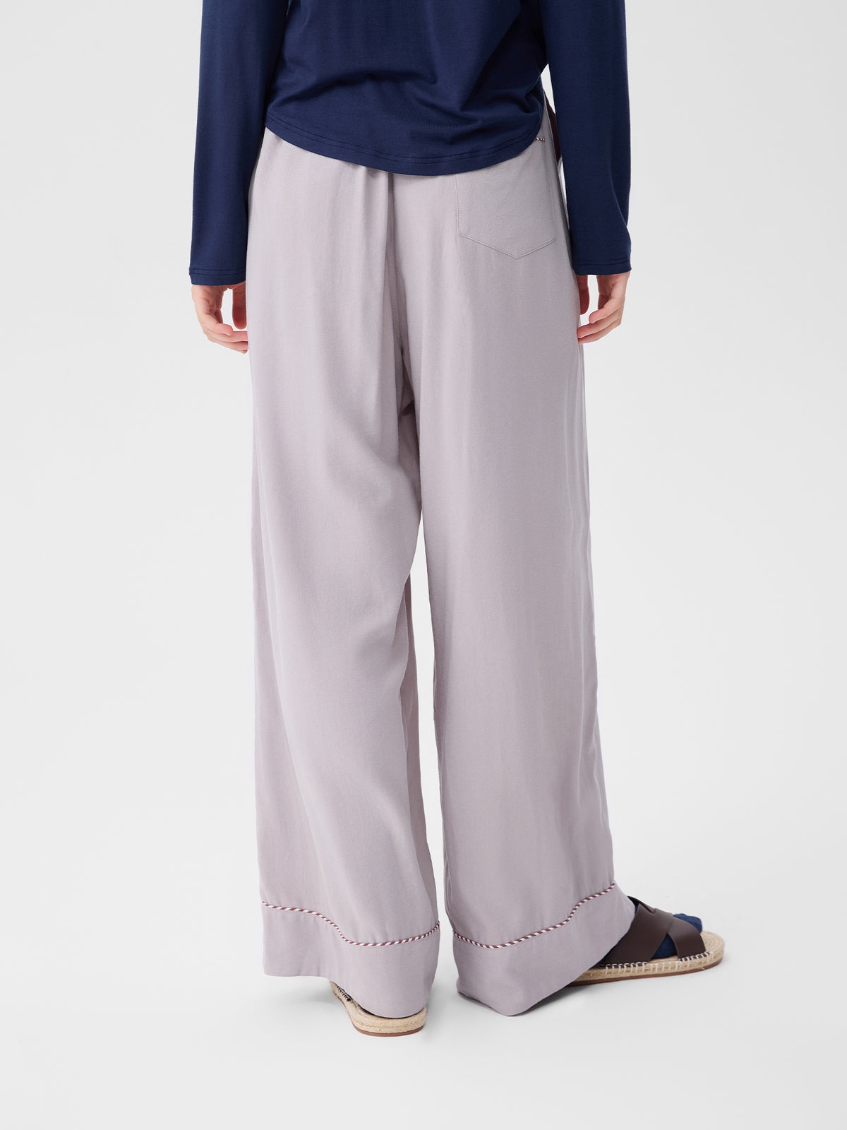 Solid-Color Twill-Striped Long-Sleeve Loungewear
