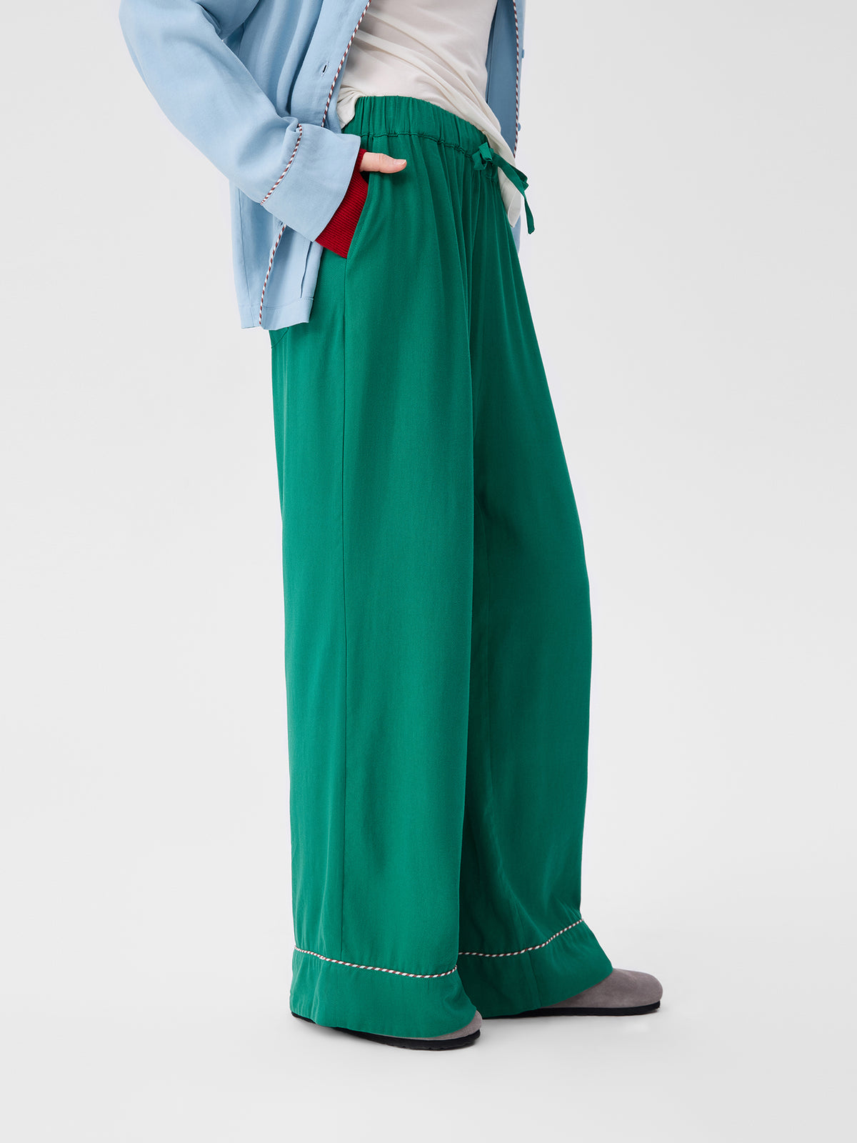 Solid-Color Twill-Striped Long-Sleeve Loungewear