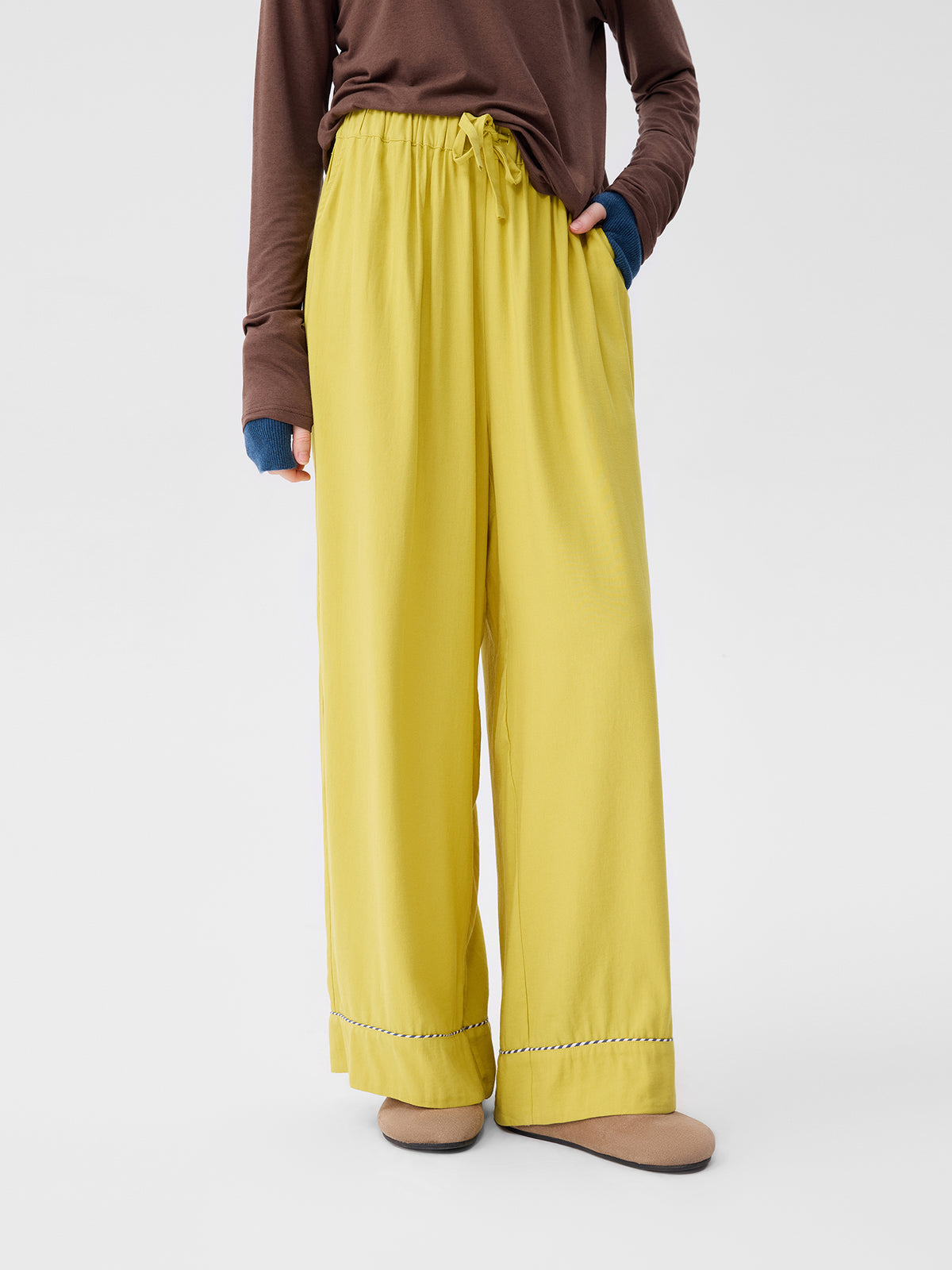 Solid-Color Twill-Striped Long-Sleeve Loungewear