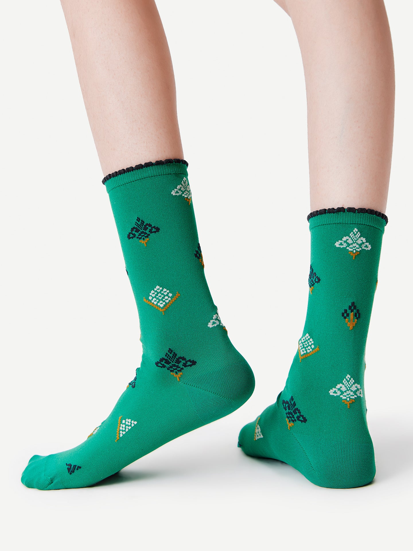 Ruffle-Trim Ethnic Brocade Crew Socks