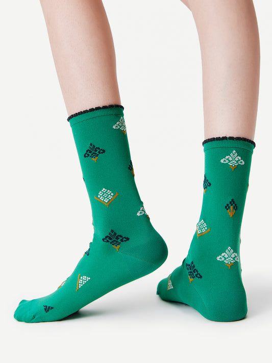 Ruffle-Trim Ethnic Brocade Crew Socks