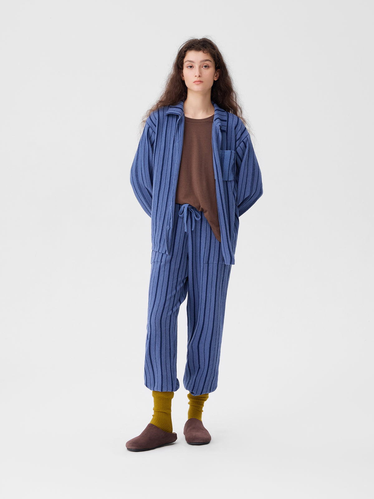 Patchwork-Striped High-Count Half-Velvet Loungewear