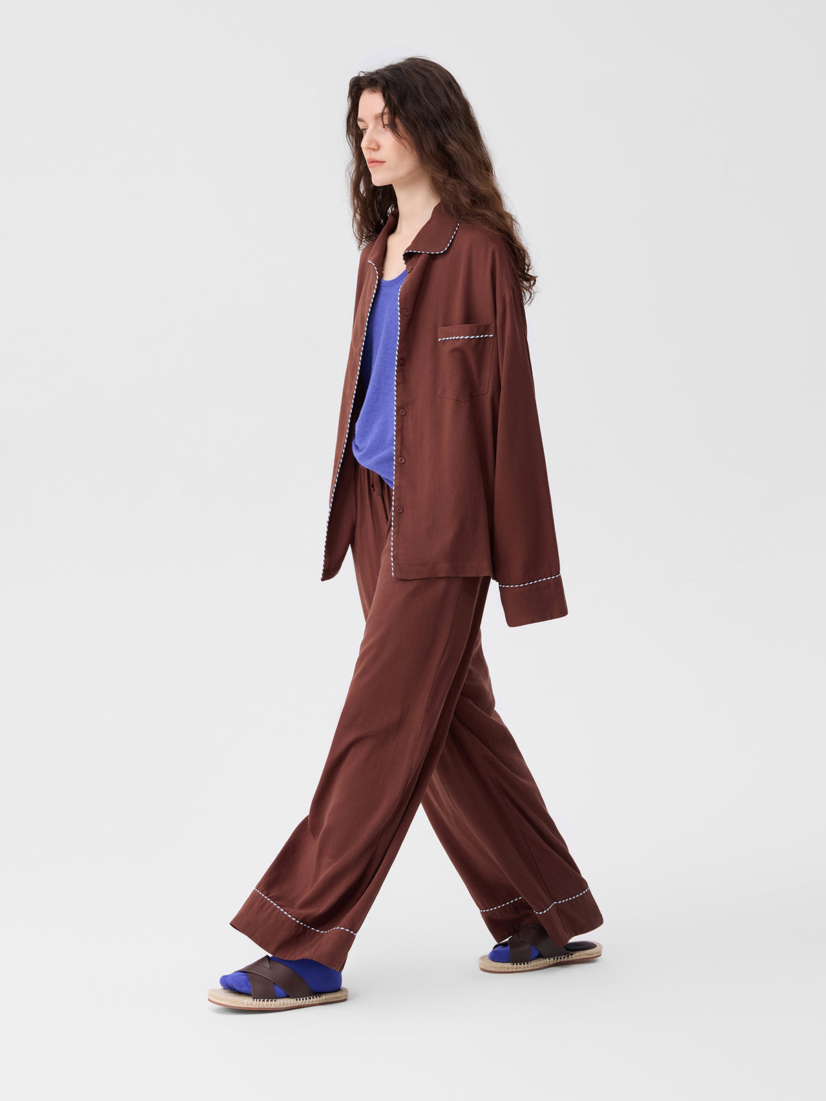 Solid-Color Twill-Striped Long-Sleeve Loungewear