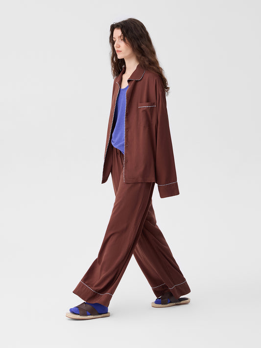 Solid-Color Twill-Striped Long-Sleeve Loungewear
