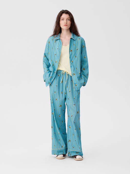 Retro Embroidered Floral-Striped Long-Sleeve Loungewear