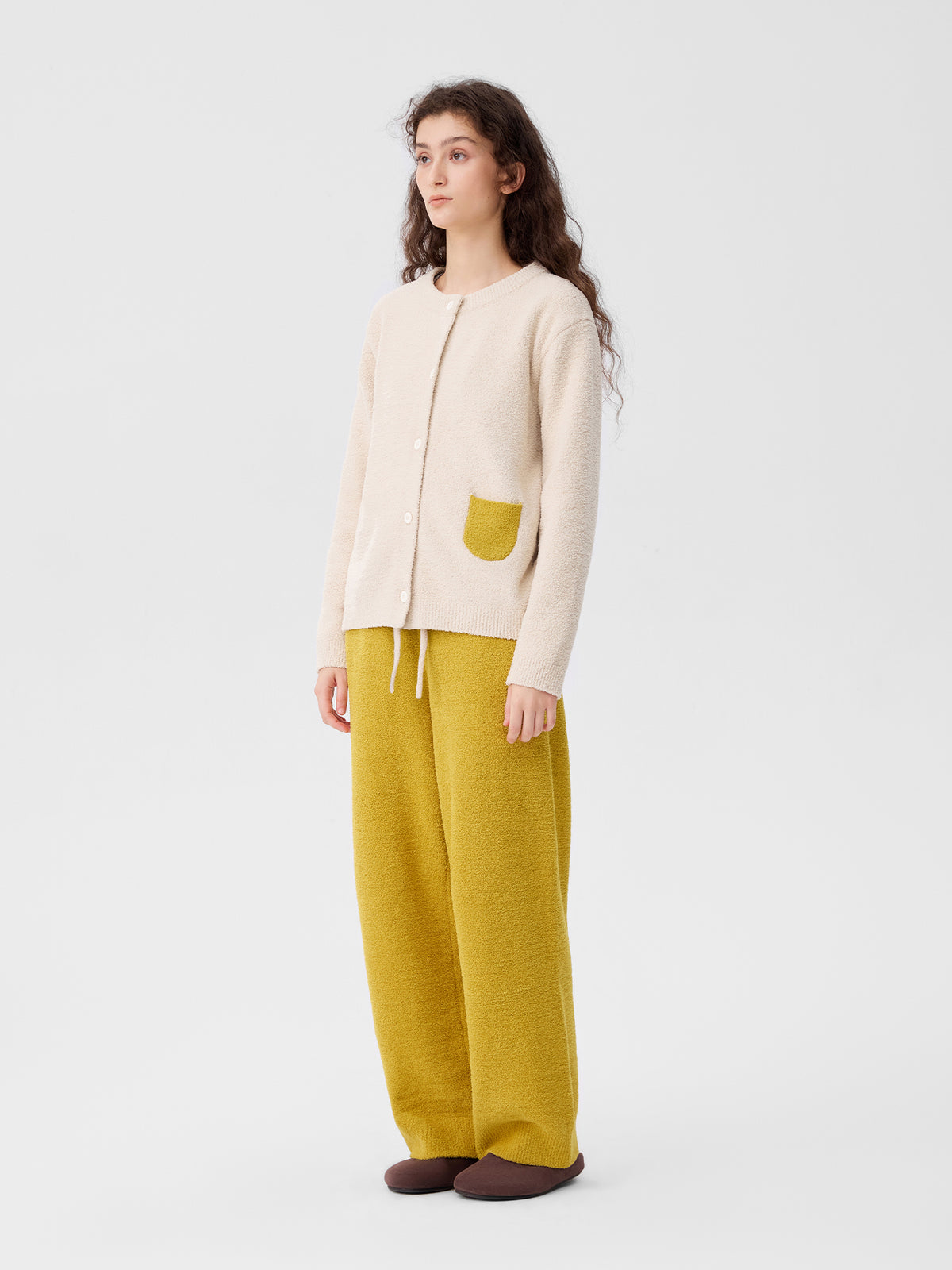 Contrast-Color Pocket Half-Velvet Cardigan Loungewear