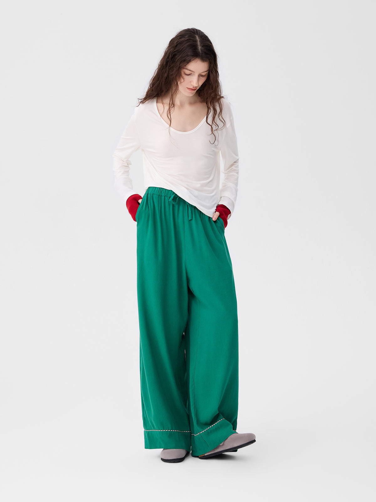 Solid-Color Twill-Striped Long-Sleeve Loungewear