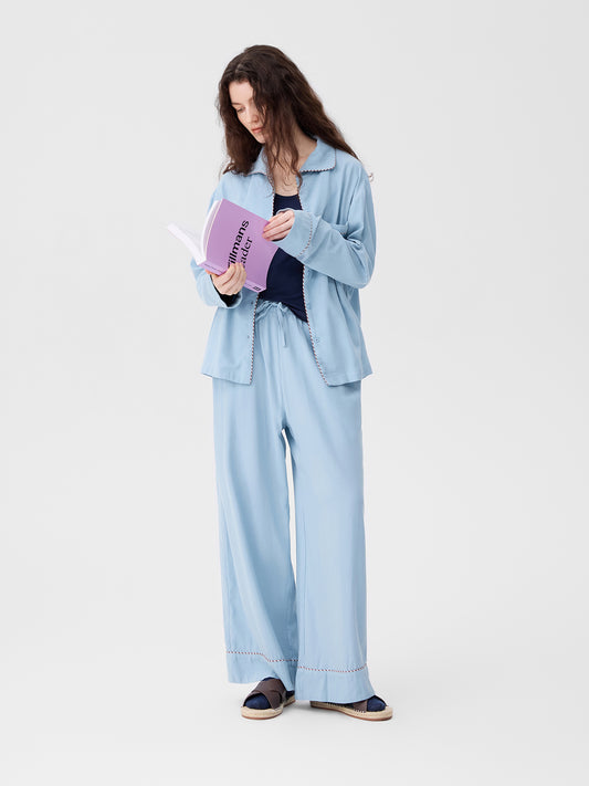 Solid-Color Twill-Striped Long-Sleeve Loungewear