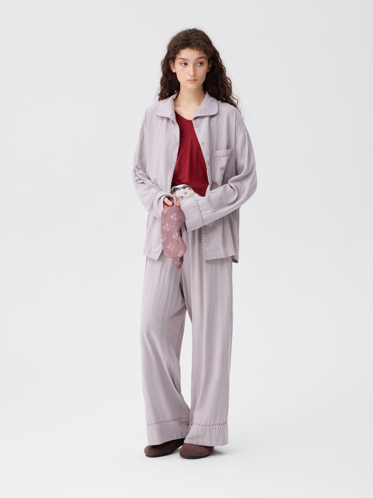 Solid-Color Twill-Striped Long-Sleeve Loungewear