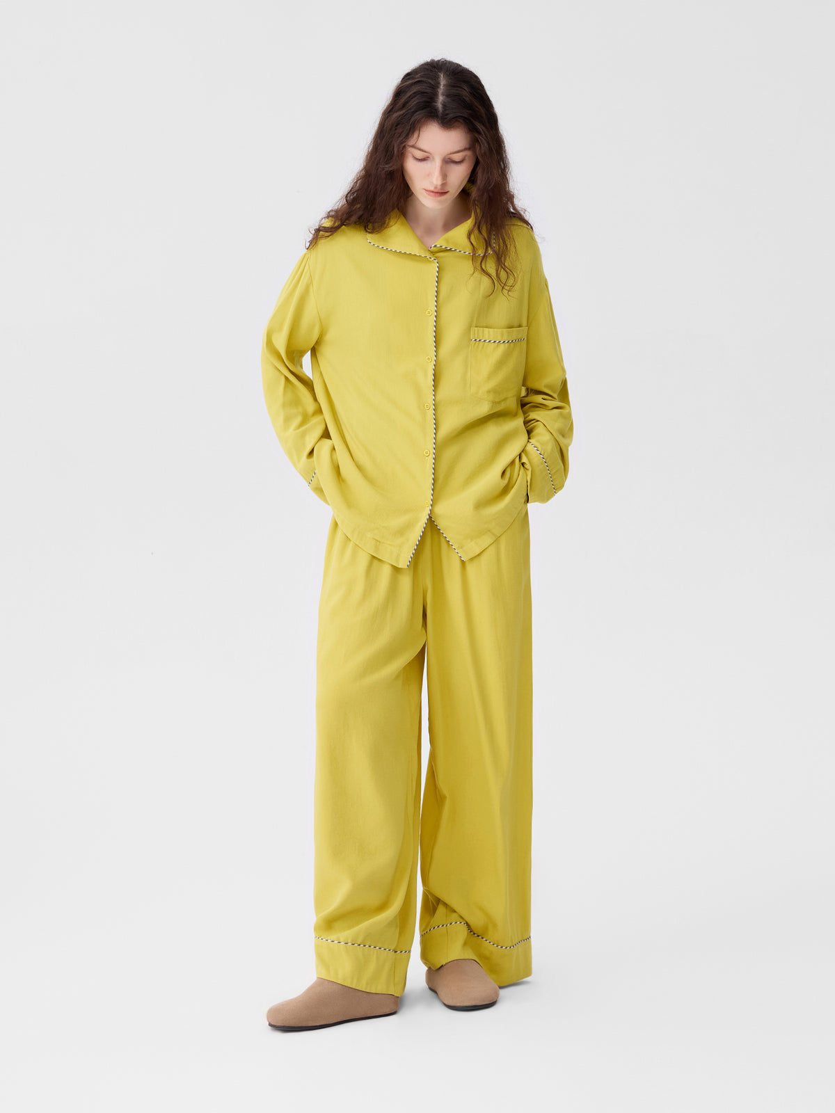 Solid-Color Twill-Striped Long-Sleeve Loungewear