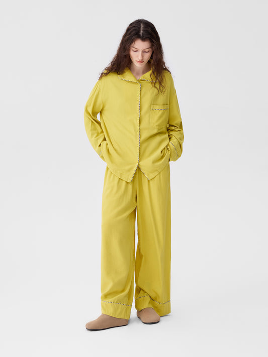 Solid-Color Twill-Striped Long-Sleeve Loungewear