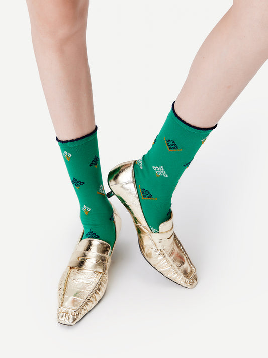 Ruffle-Trim Ethnic Brocade Crew Socks