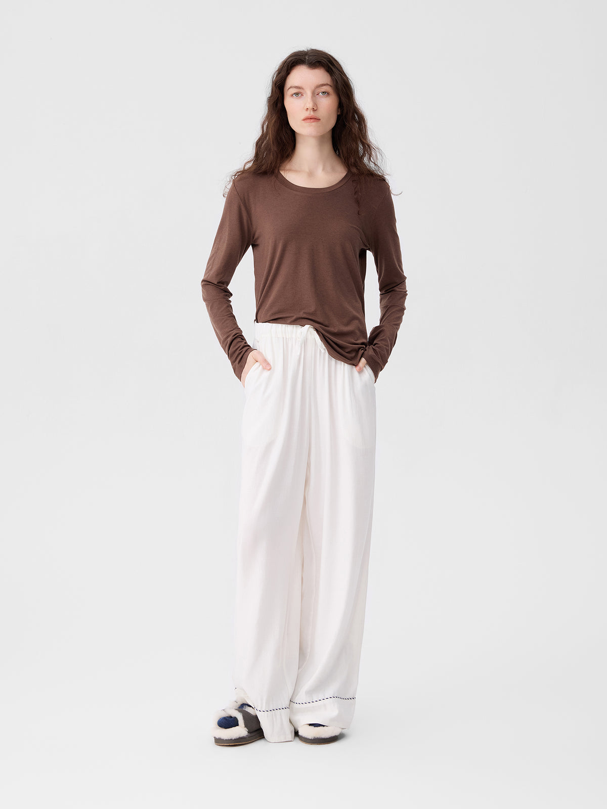 Solid-Color Twill-Striped Long-Sleeve Loungewear