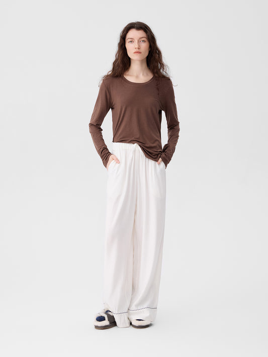 Solid-Color Twill-Striped Long-Sleeve Loungewear
